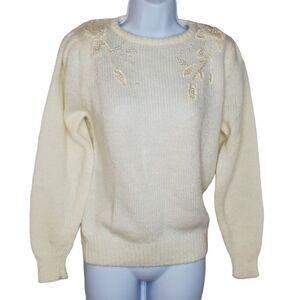 Vintage Embroidered Sweater Faux Pearl Beading Cottagecore Winter Off White Sz M